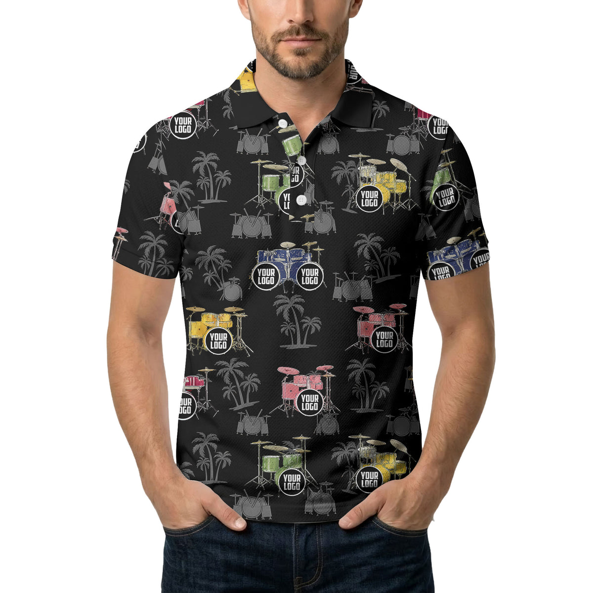 drum kit & palm tree repeat rock band polo shirt for men