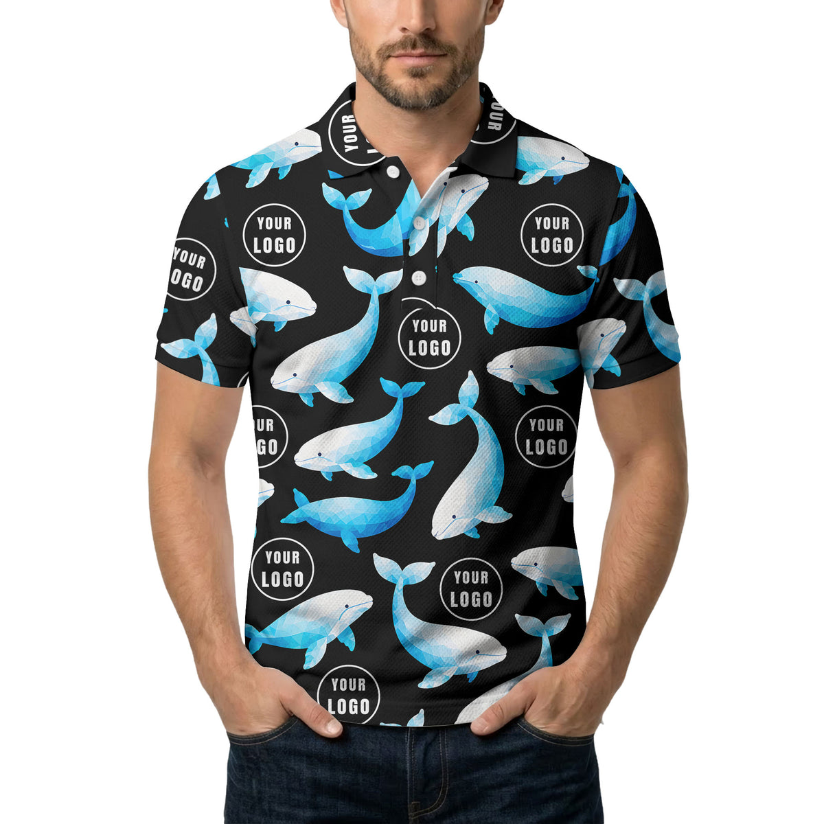 geometric beluga whale repeat & custom logo circles polo shirt