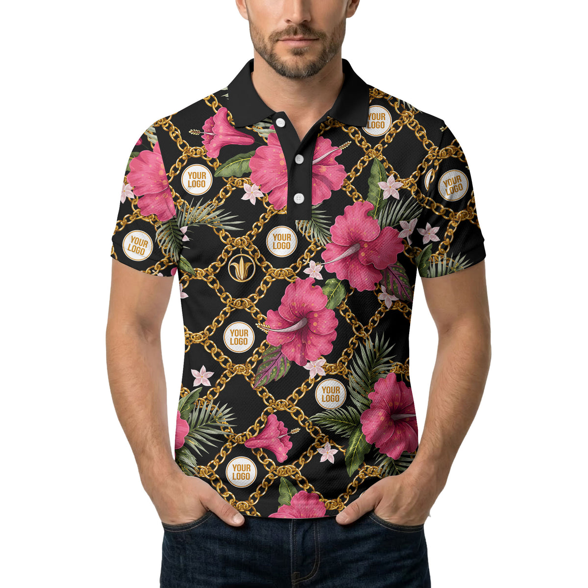 gold chain & pink hibiscus luxury illustrated polo shirt for men