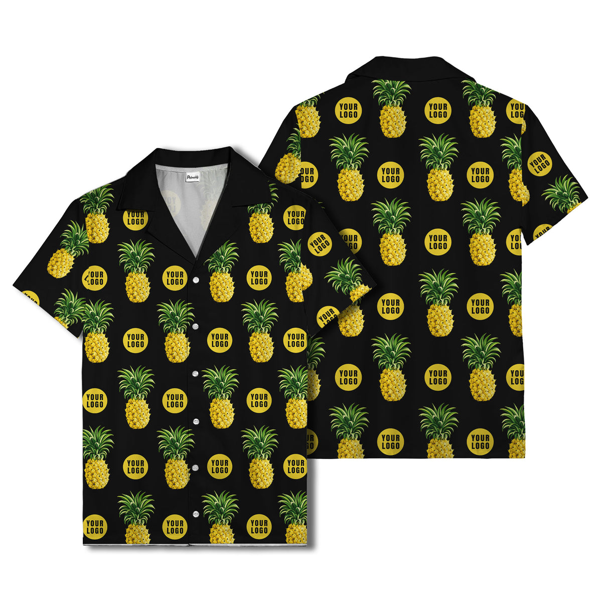 golden pineapple repeat & custom logo circles black hawaiian shirt