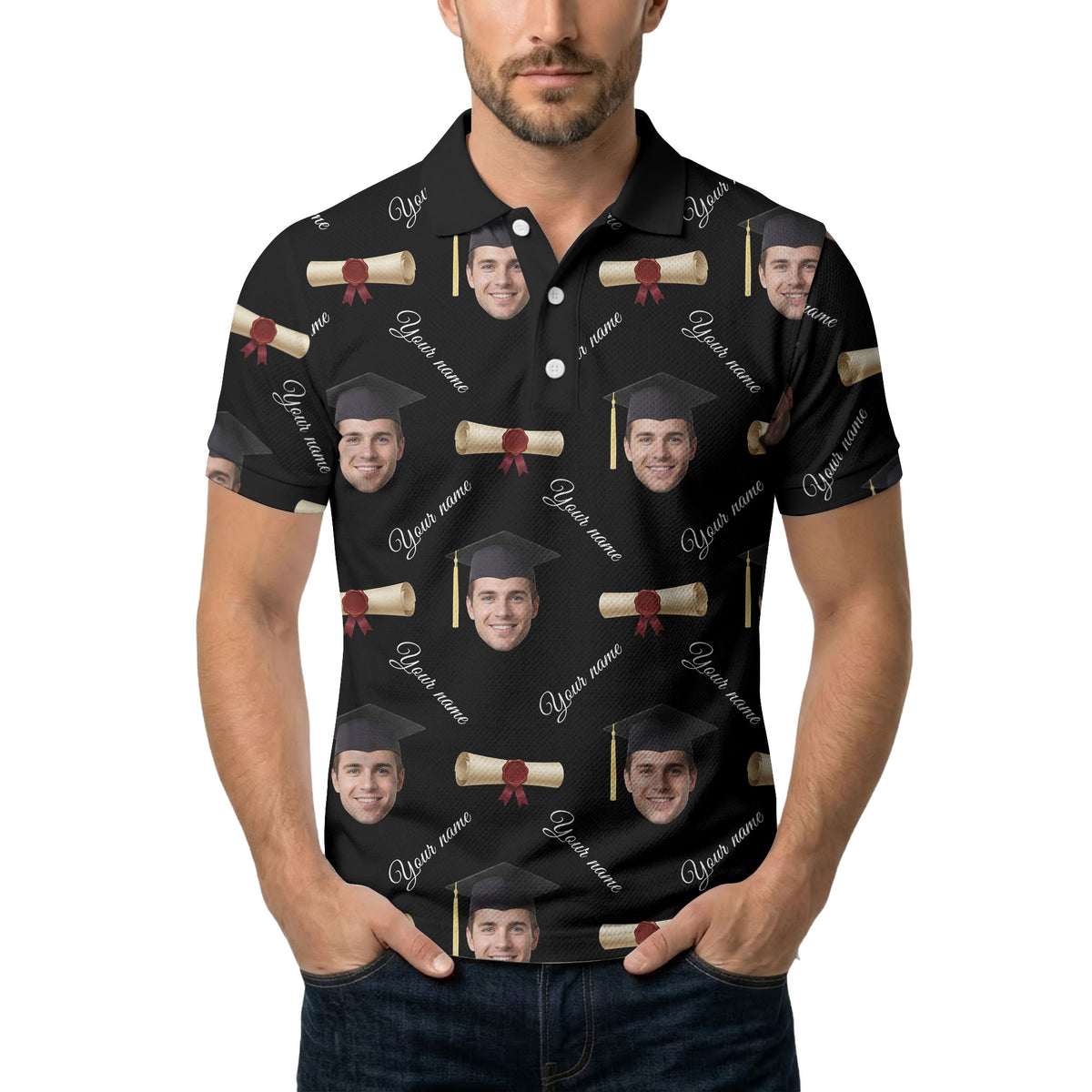 graduation caps & diploma scrolls over personalized faces polo shirt