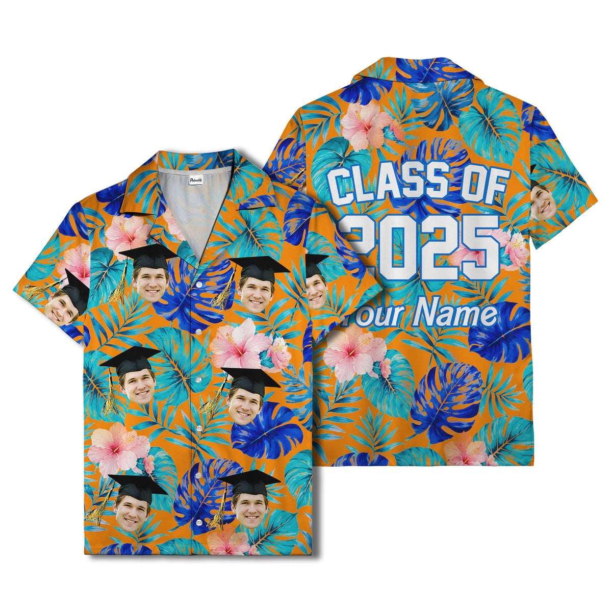 graduation caps tossed over hibiscus blooms on monstera hawaiian shirt