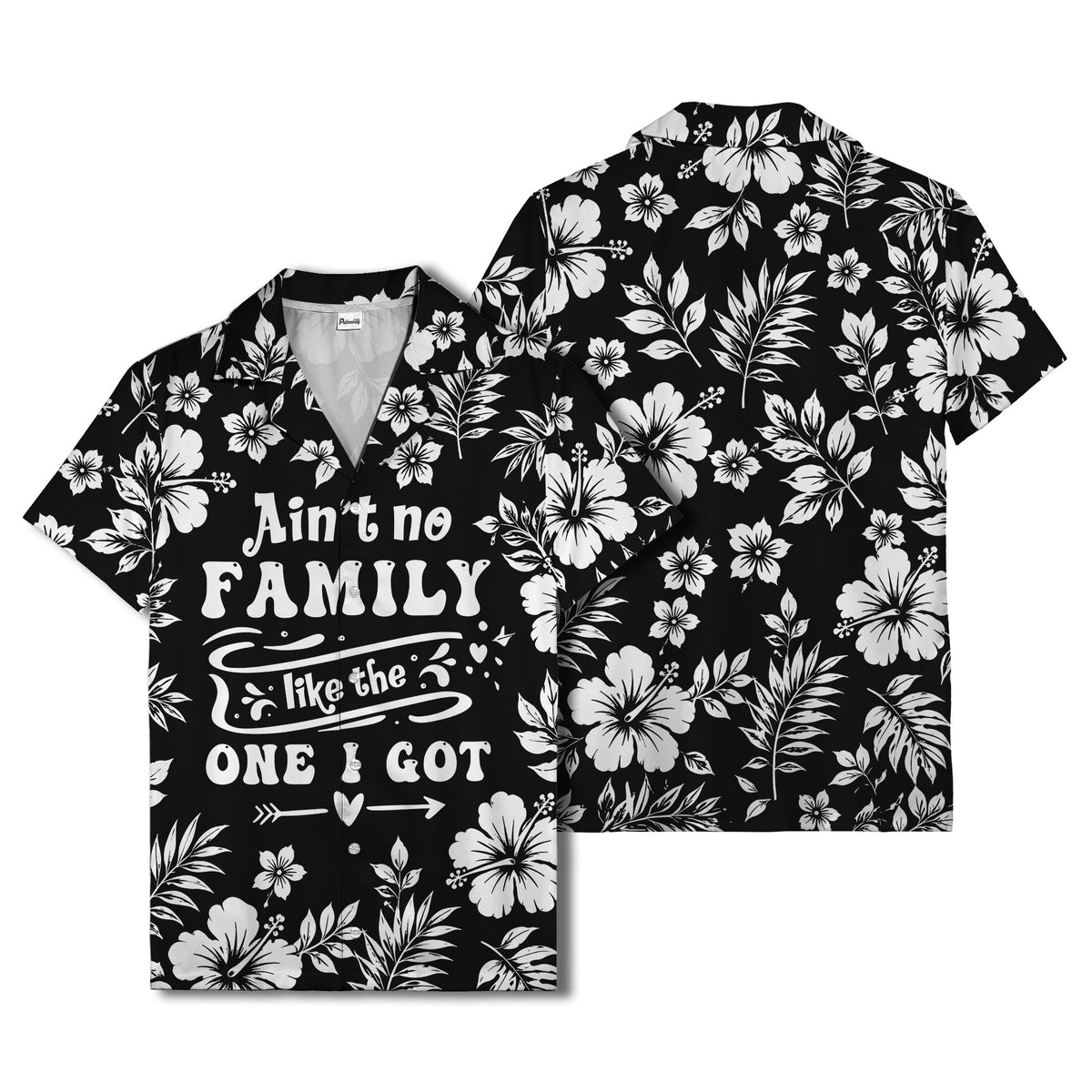 graphic white hibiscus & leaf family tribute hawaiian shirt