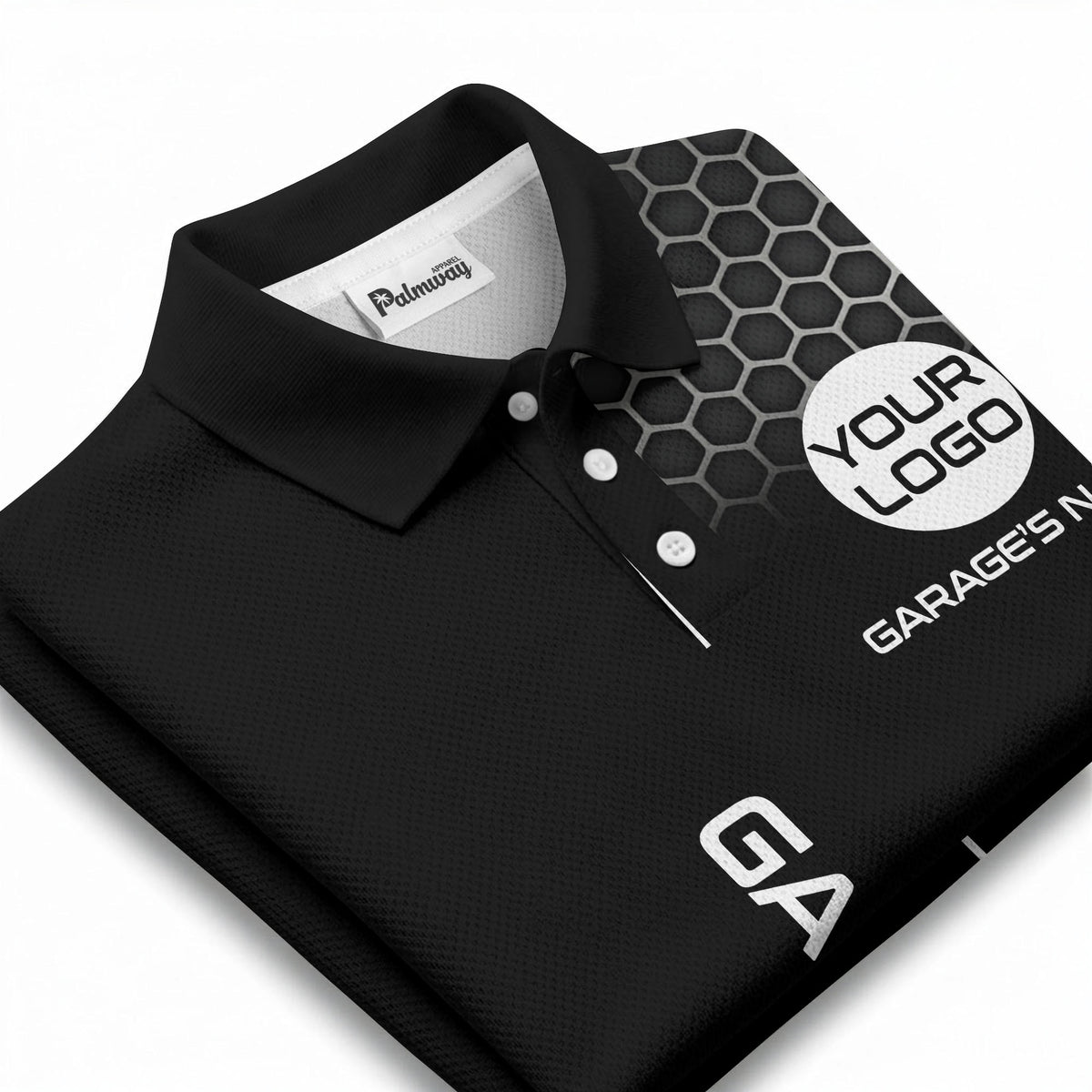hexagonal grid garage name logo modern automotive polo shirt