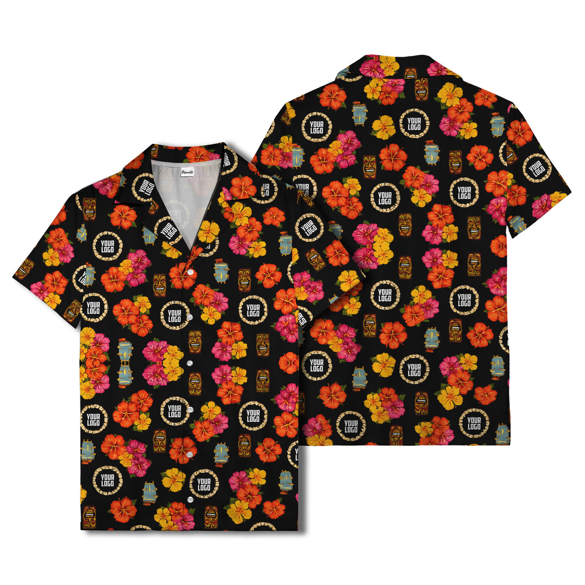hibiscus & tiki masks all-over print hawaiian shirt for beach getaway