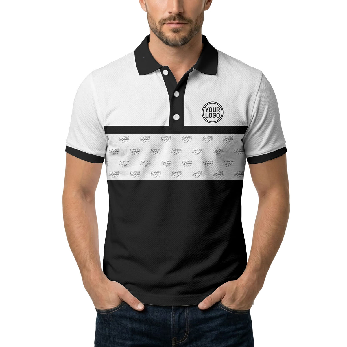 monochrome custom logo repeat stripe polo shirt for men