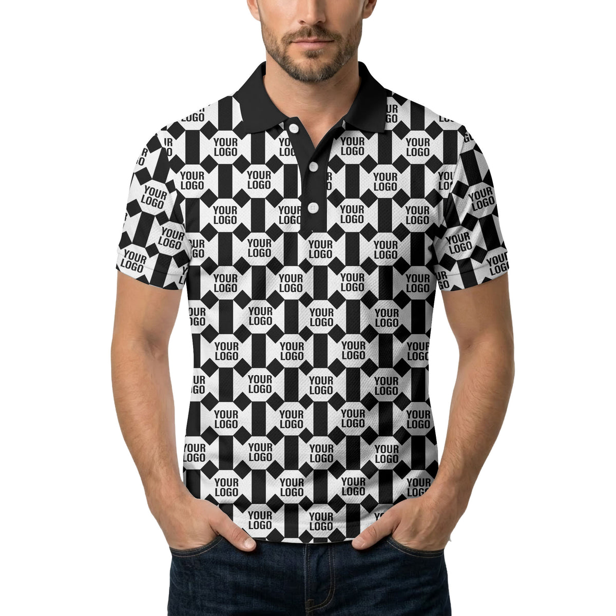 monochrome hexagon repeat custom logo geometric polo shirt for men