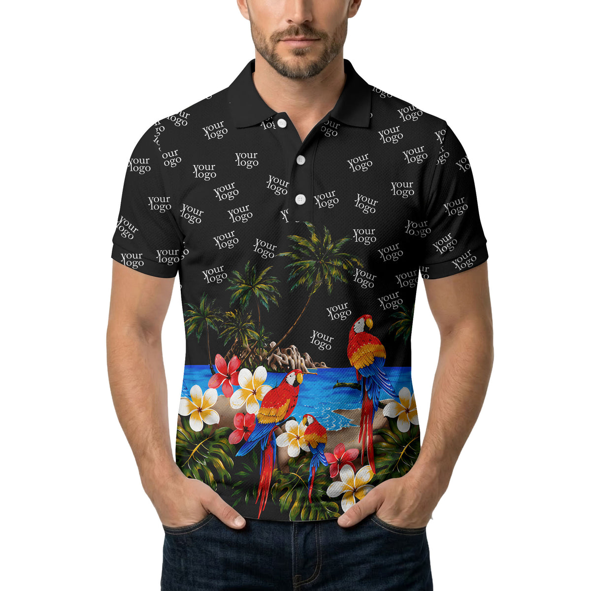 parrot palm plumeria beach watercolor polo shirt