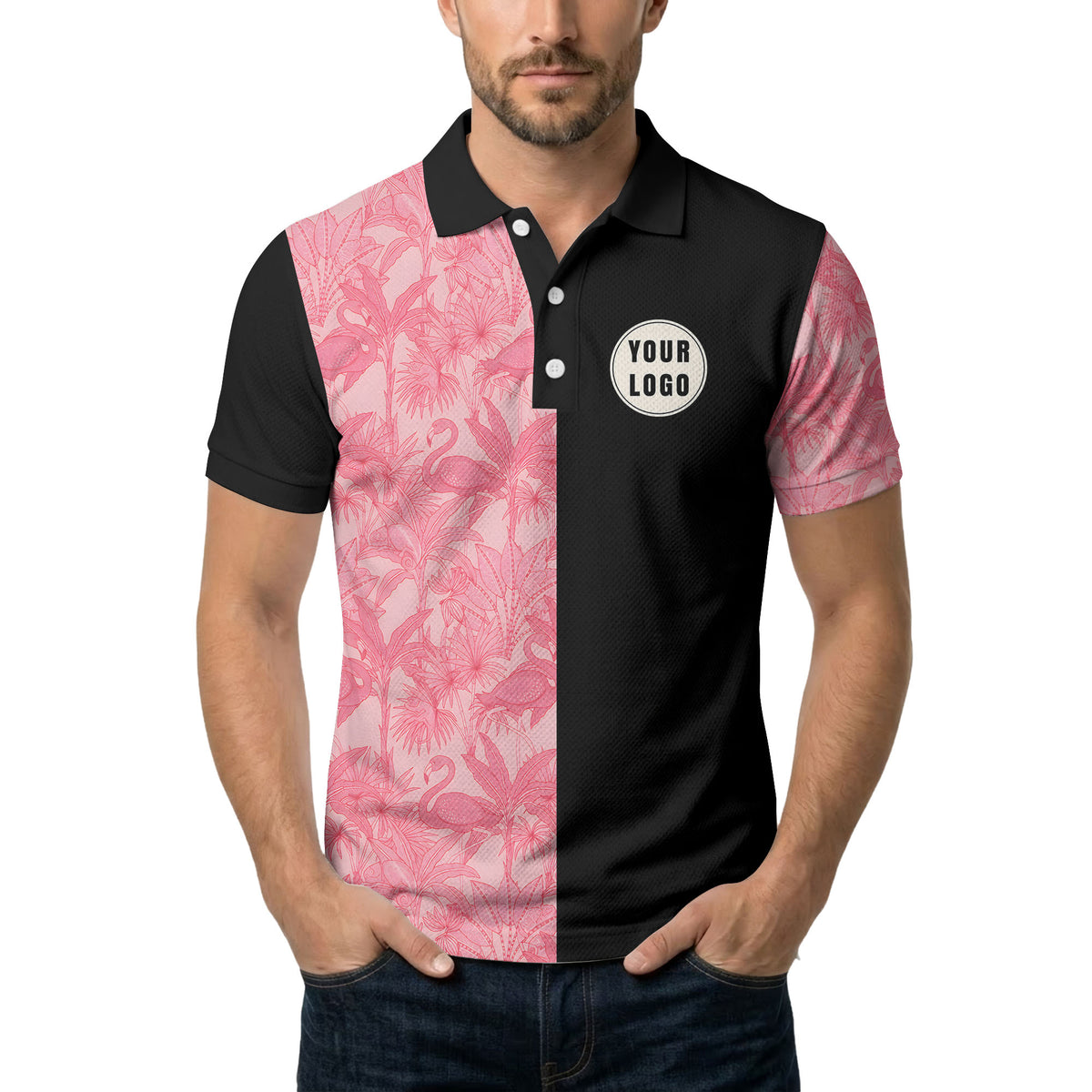 pink flamingo & tropical leaves patterned hawaiian shirt polo shirt