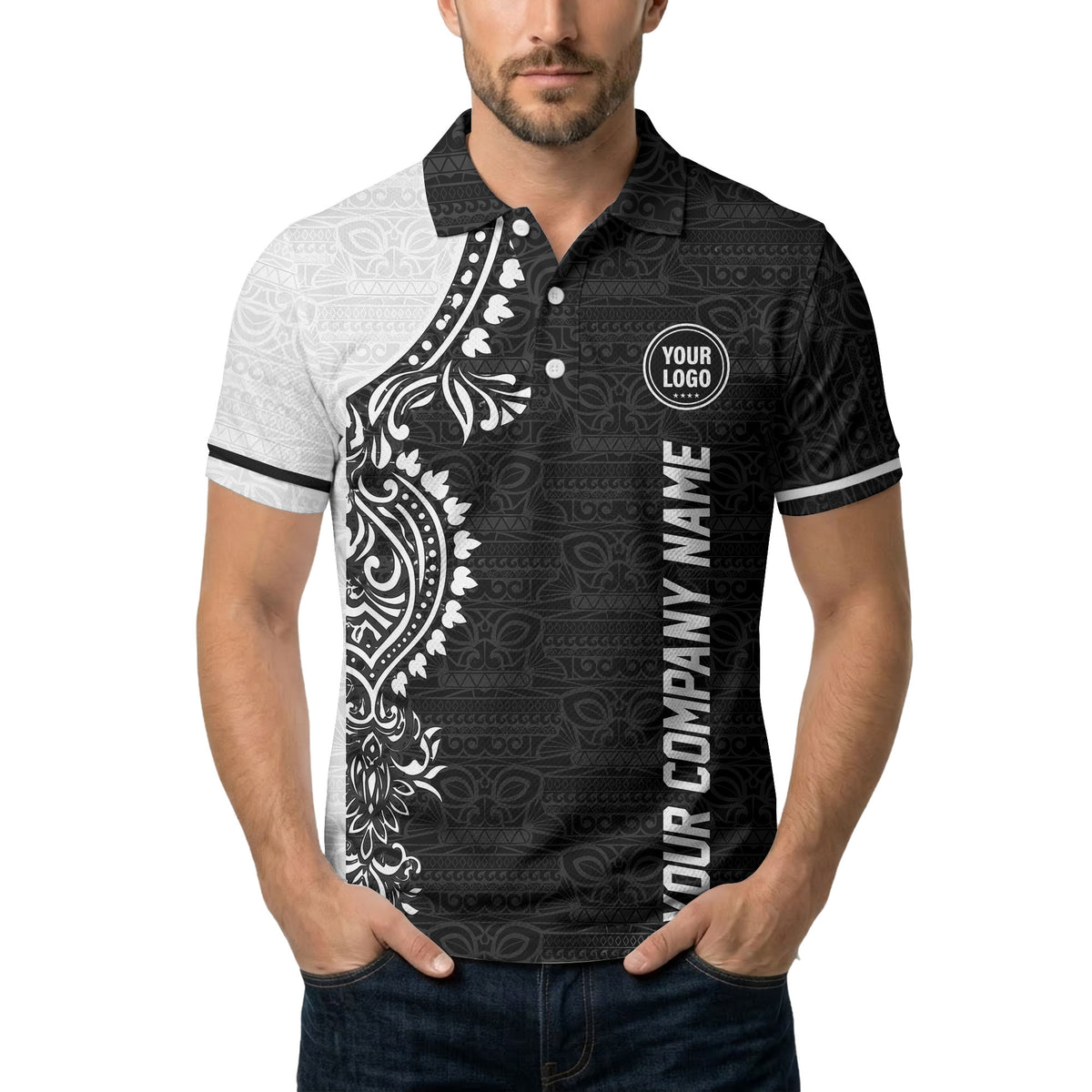 polynesian tribal floral motif black white polo shirt