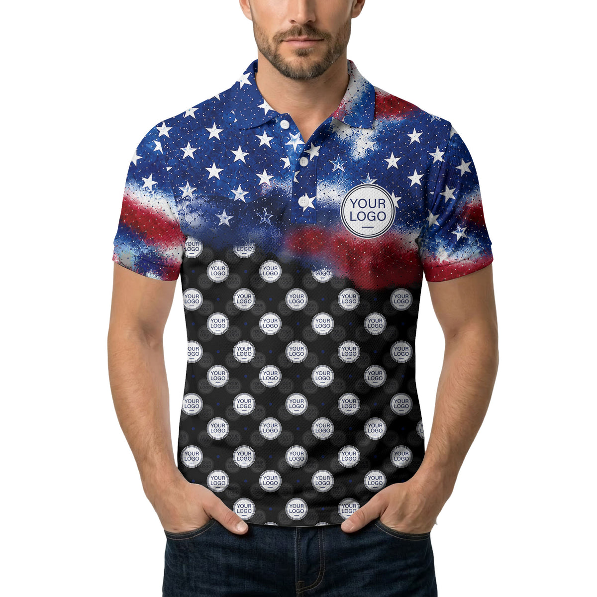 stars & stripes american flag custom logo all over print polo shirt