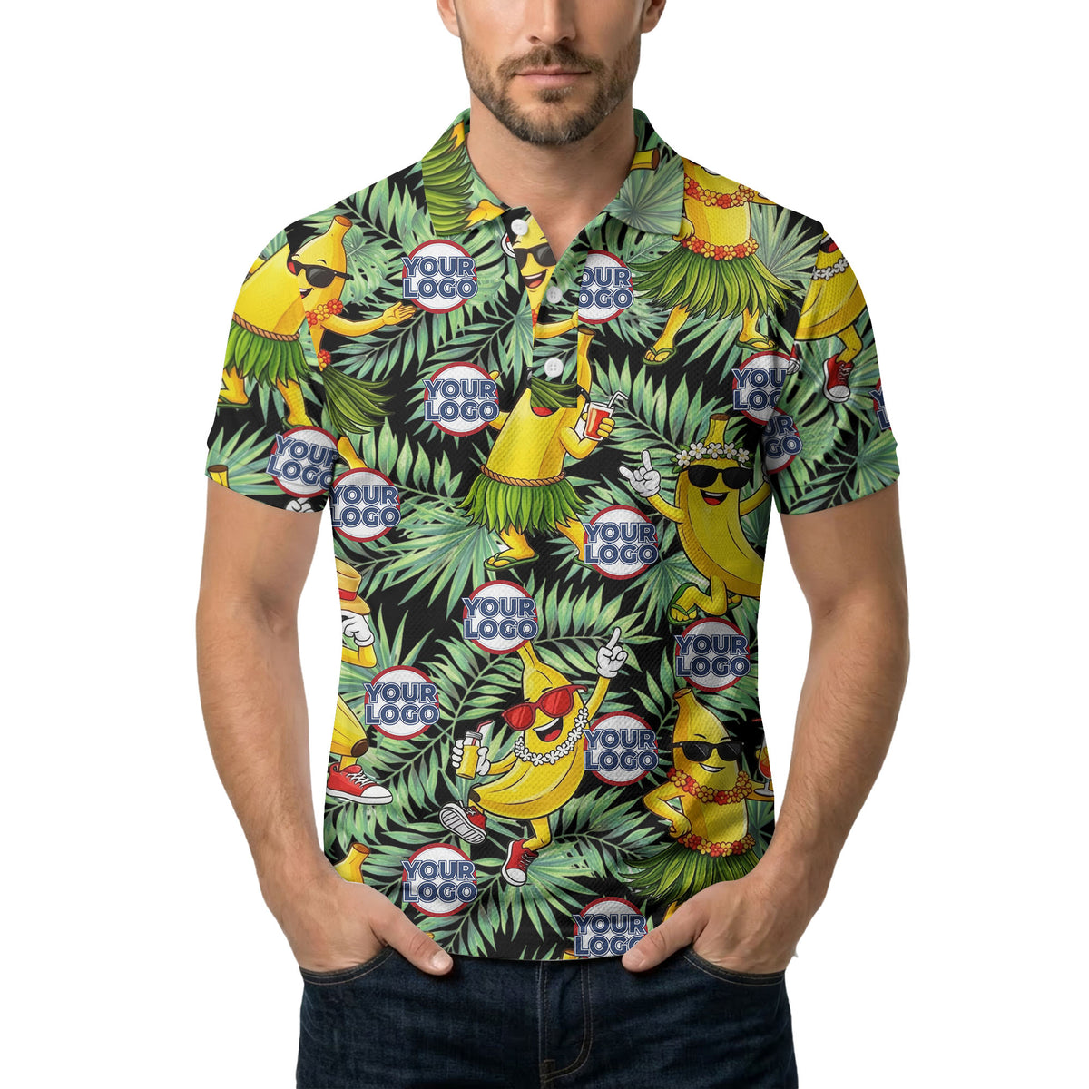 sunglass bananas luau palm leaves polo shirt for men