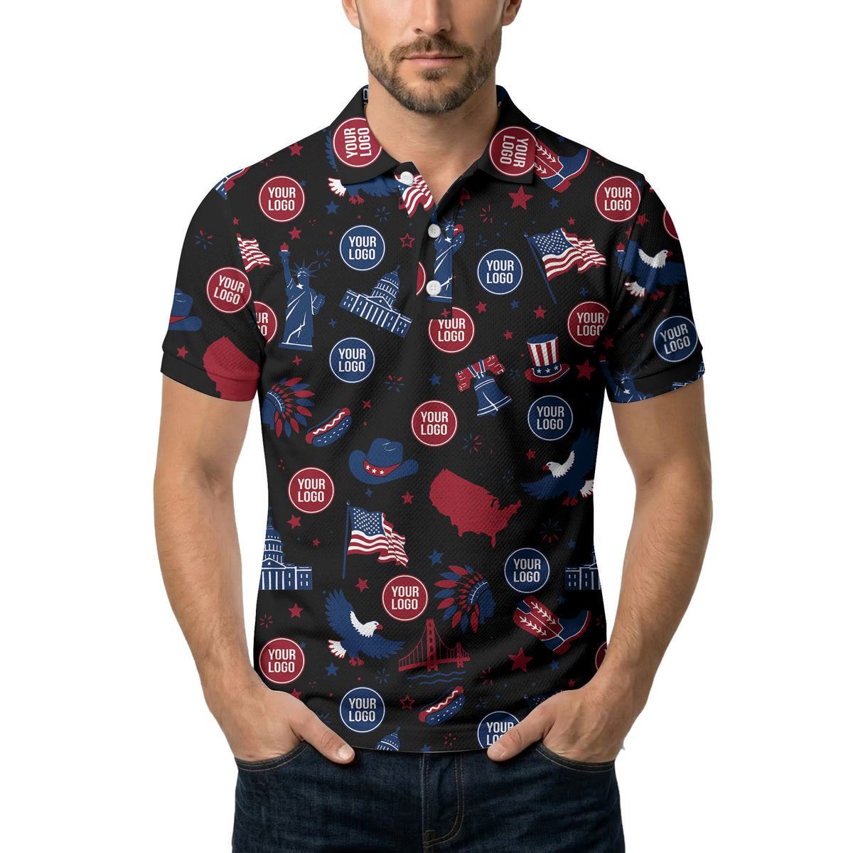 vintage cartoon bald eagles & statue of liberty icons patriotic polo shirt