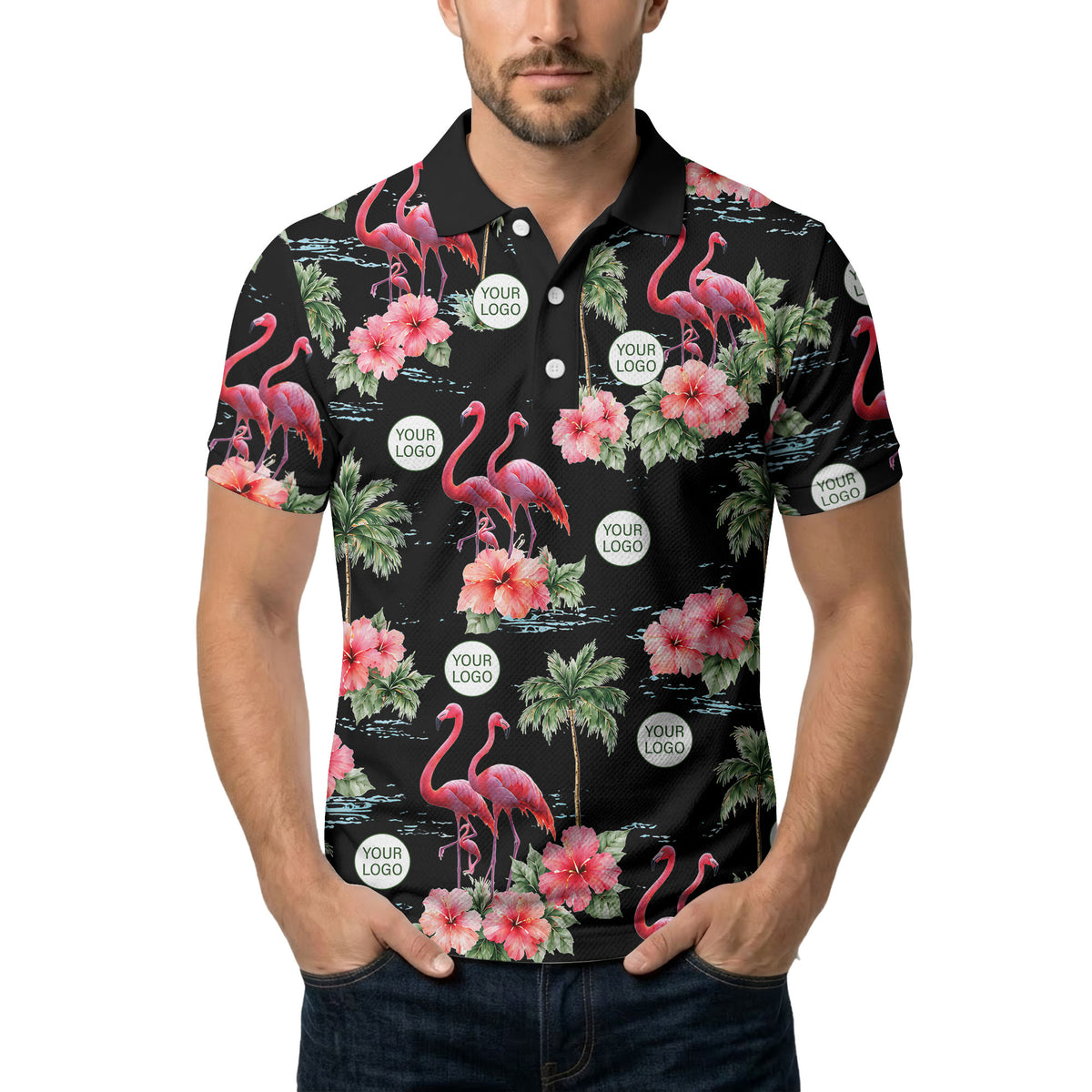 watercolor flamingos & hibiscus palm trees polo shirt for men