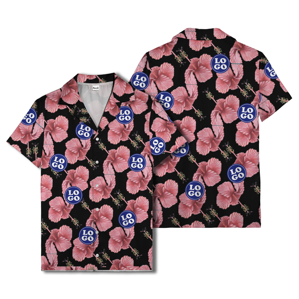 watercolor pink hibiscus & blue logo repeat aloha hawaiian shirt