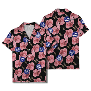 watercolor pink hibiscus & blue logo repeat aloha hawaiian shirt