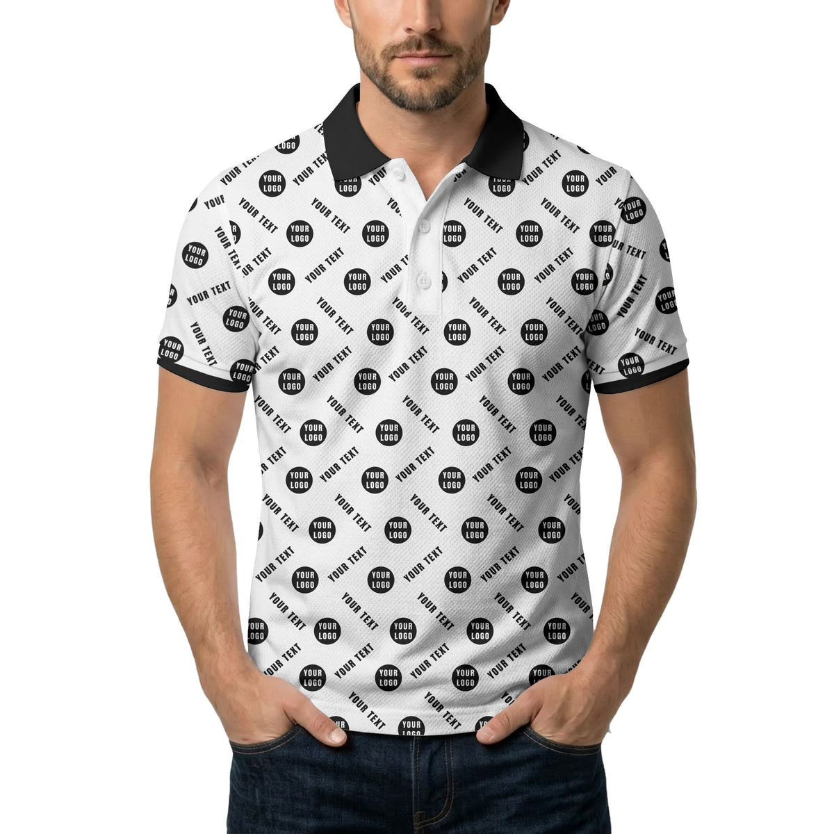 your name & logo repeat pattern all over print custom polo shirt