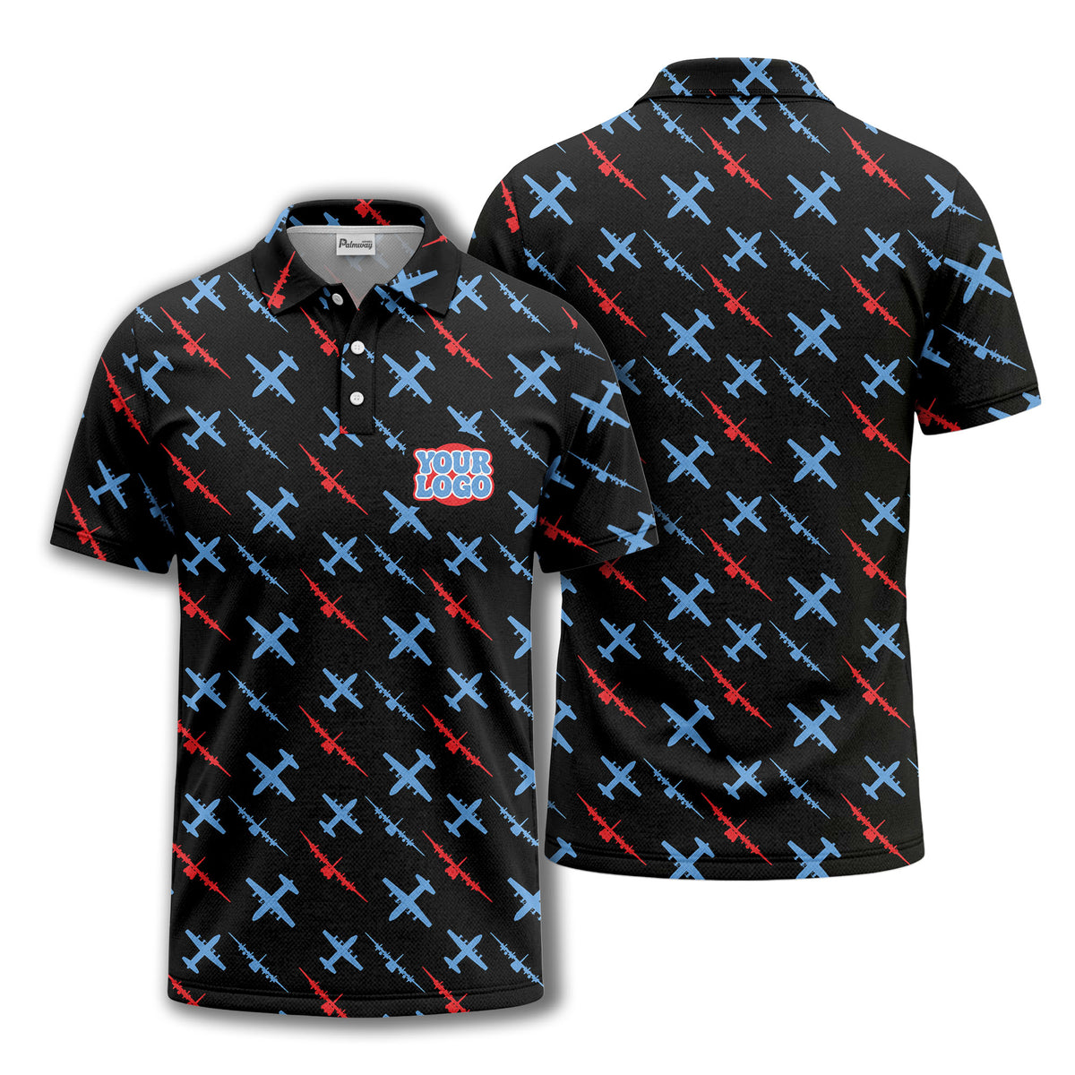 airplane silhouette repeat aviation graphic polo shirt for men