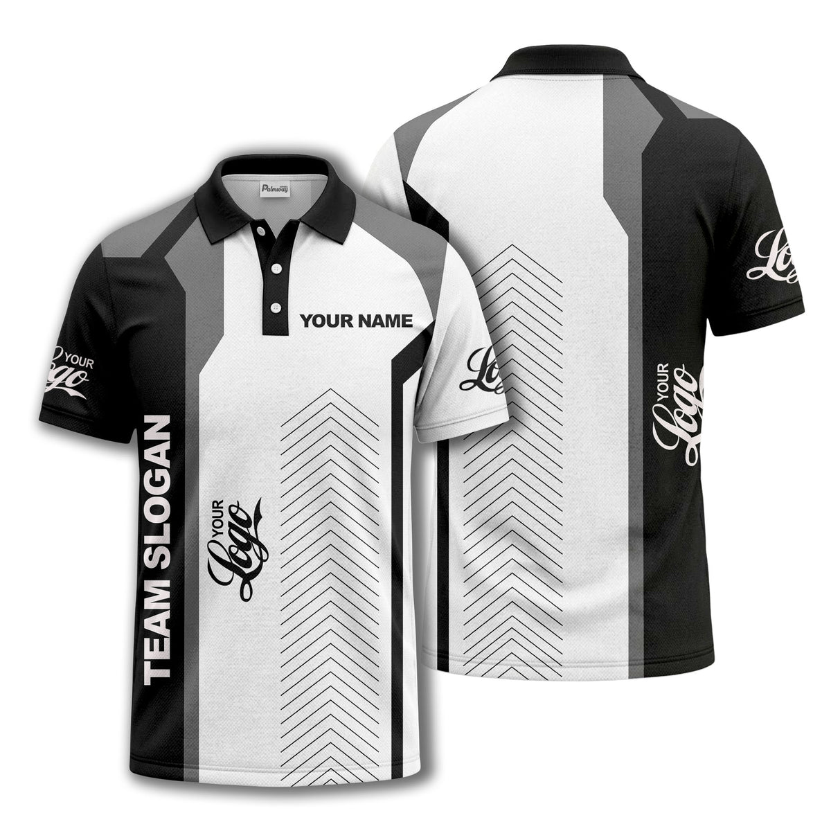 arrow repeat geometric logo & text custom polo shirt