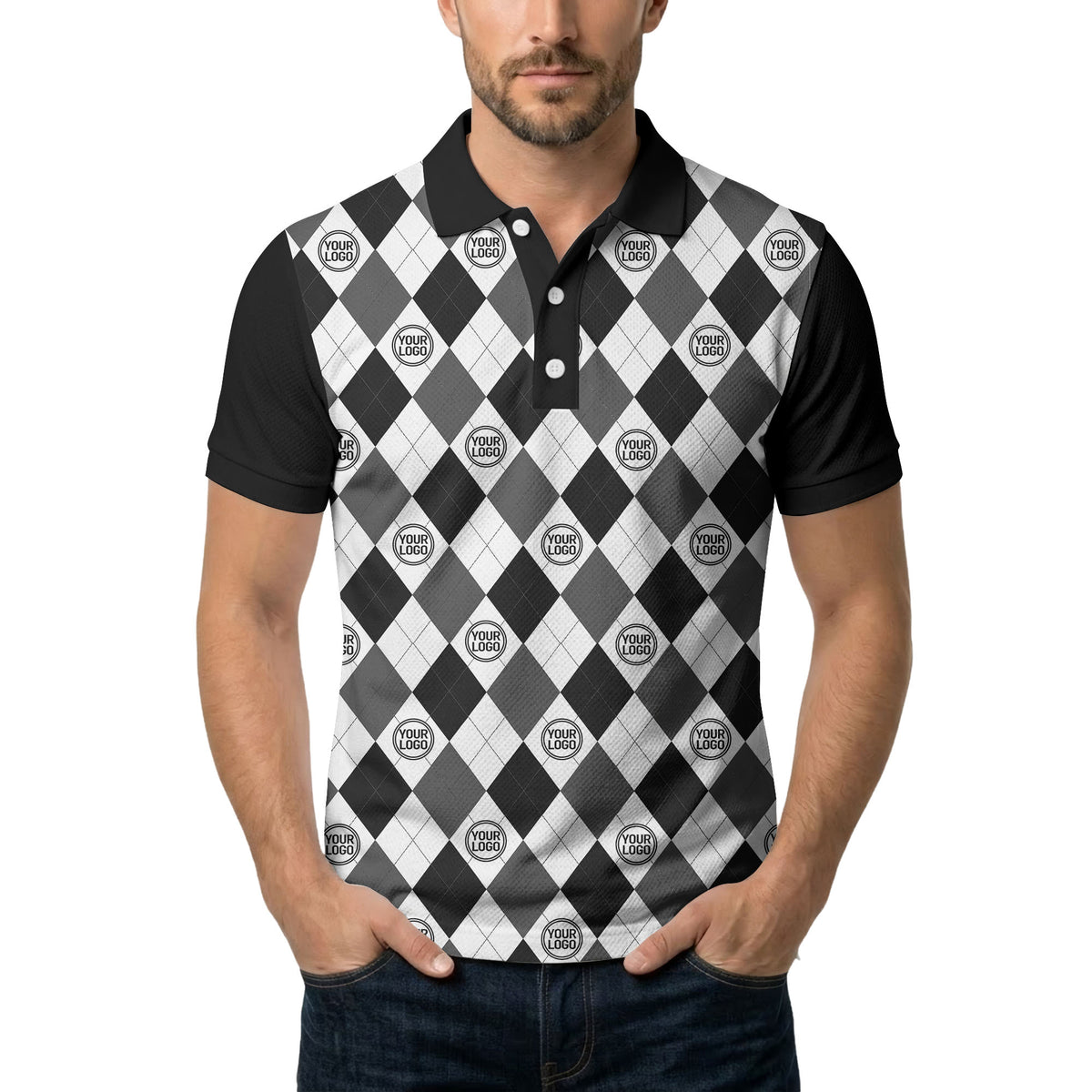 black white argyle diamond repeat pattern polo shirt with custom logo