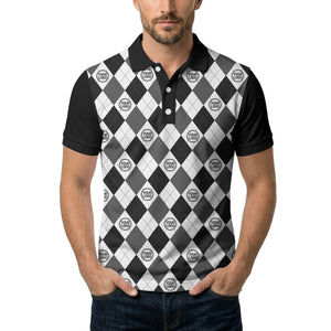 black white argyle diamond repeat pattern polo shirt with custom logo