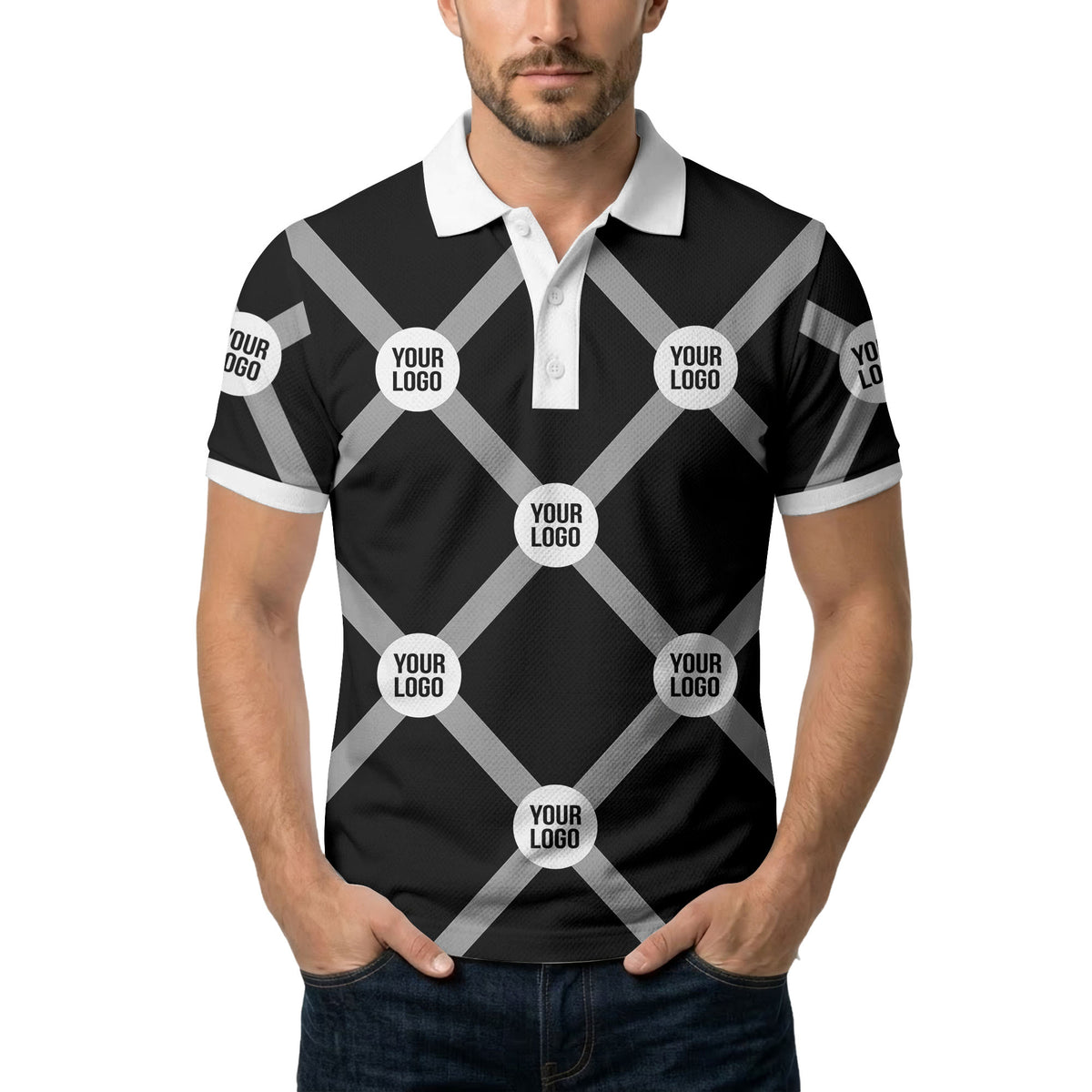 diagonal stripes & repeating custom logo polo shirt for men