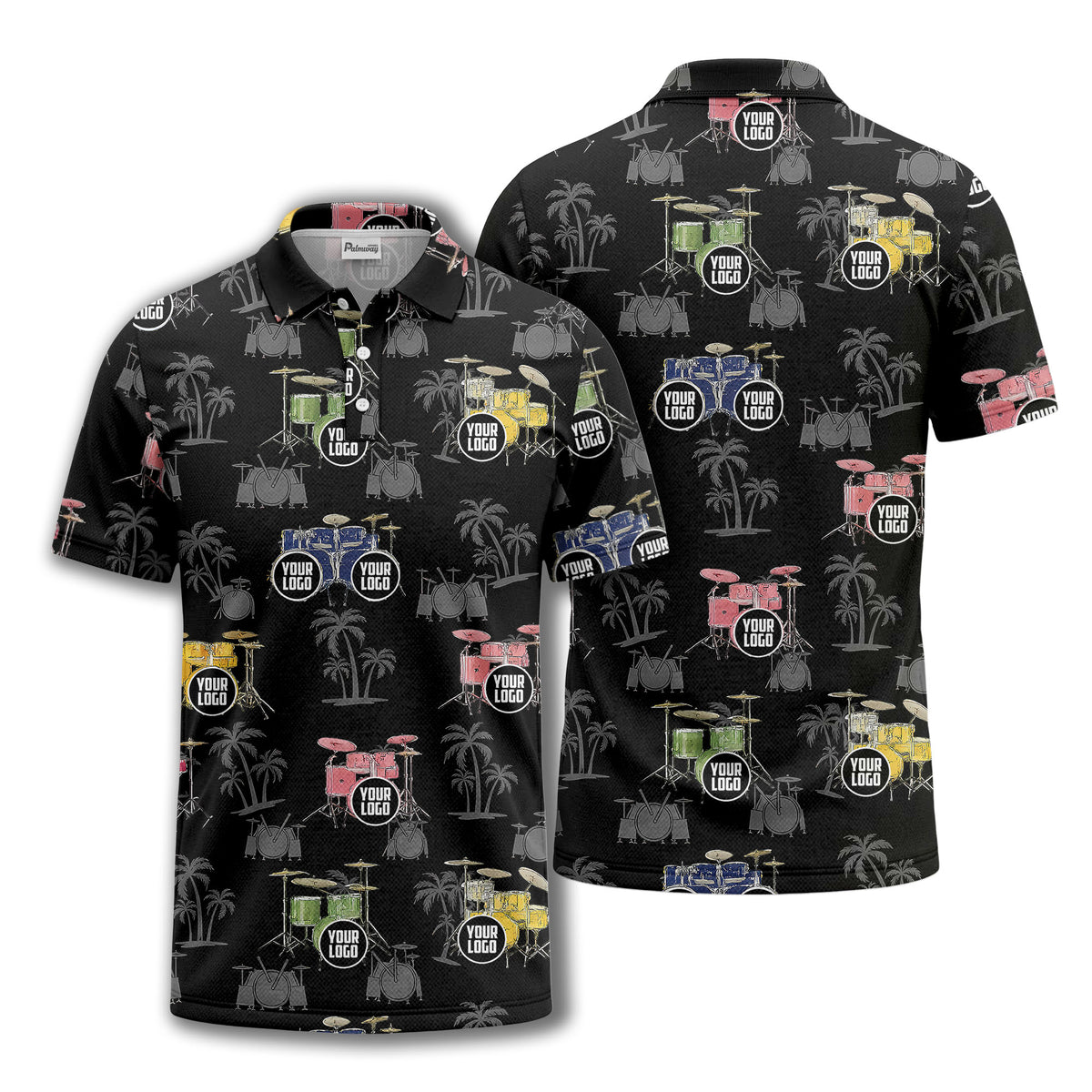 drum kit & palm tree repeat rock band polo shirt for men