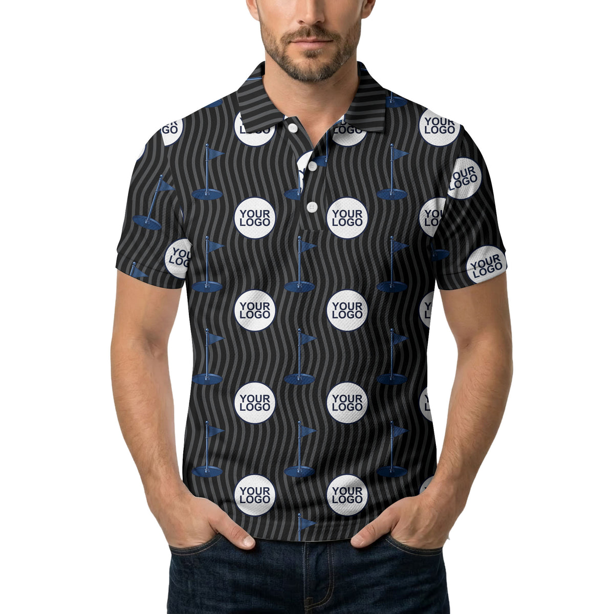 golf flag logo repeat pattern country club golf polo shirt