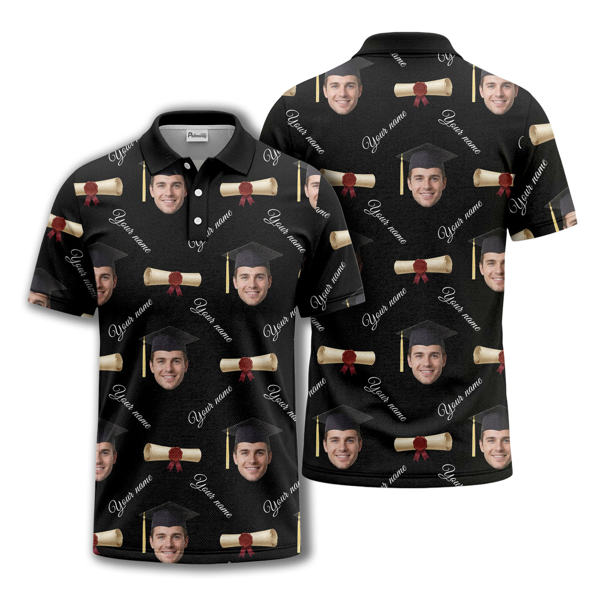 graduation caps & diploma scrolls over personalized faces polo shirt