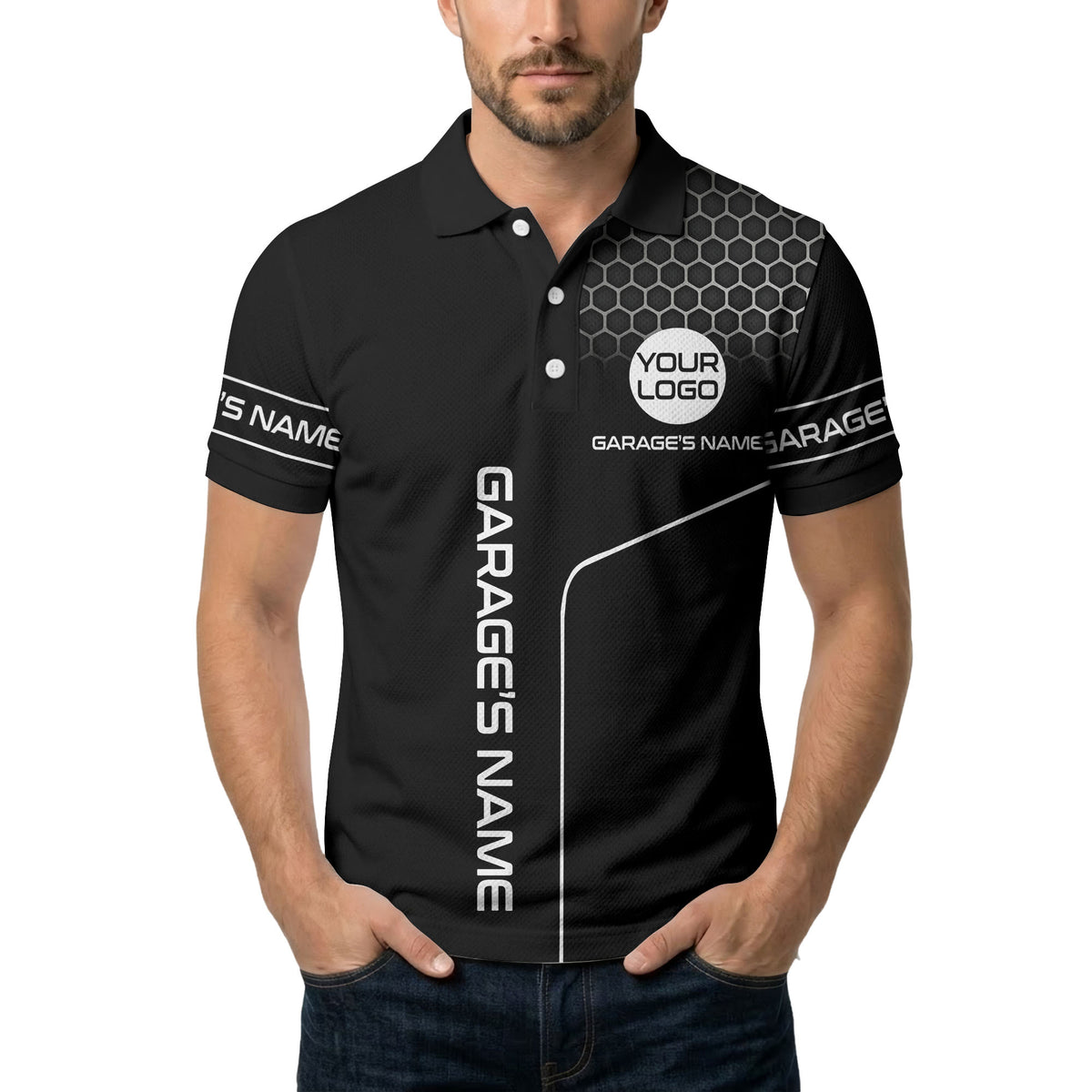 hexagonal grid garage name logo modern automotive polo shirt