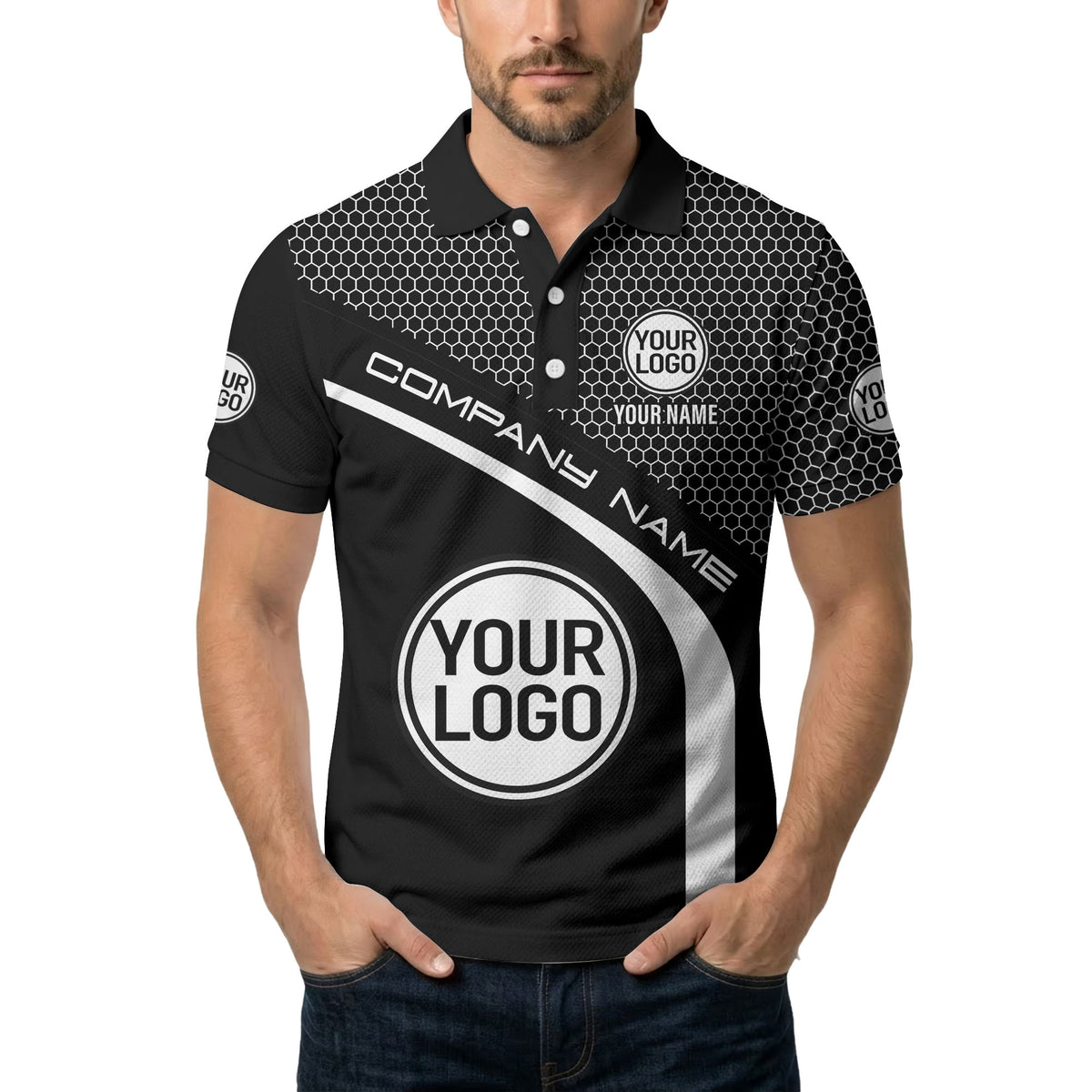 hexagonal grid monogram logo corporate polo shirt for men