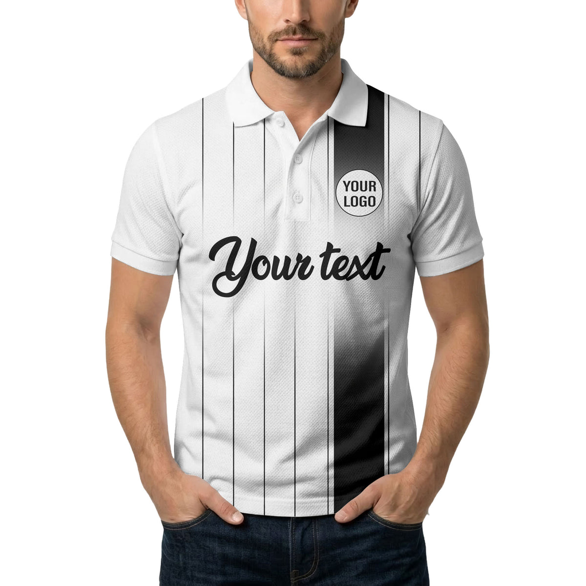 monochrome gradient vertical stripes with custom logo text polo shirt