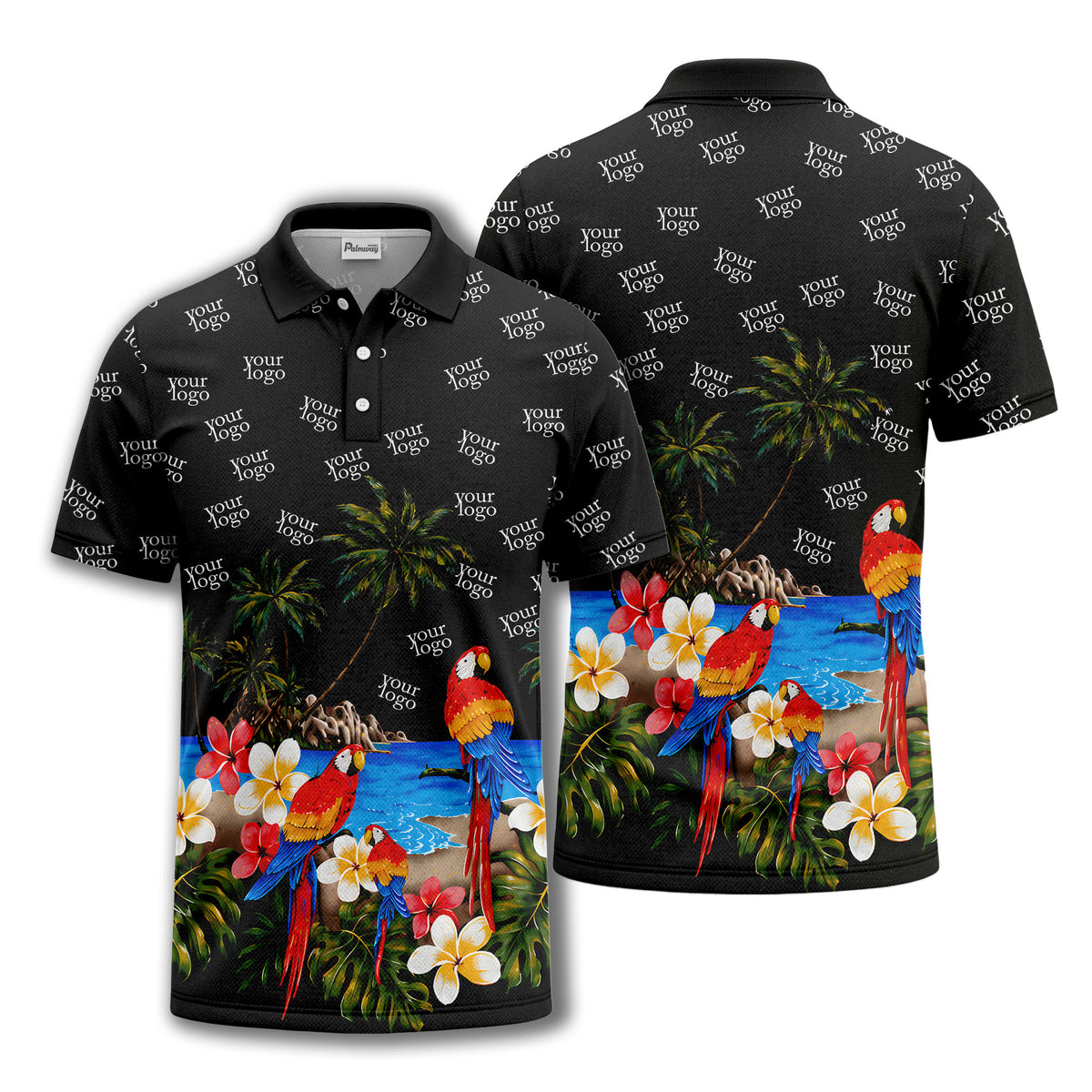 parrot palm plumeria beach watercolor polo shirt