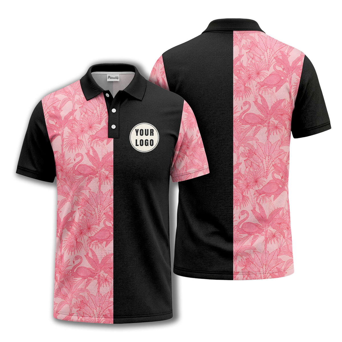 pink flamingo & tropical leaves patterned hawaiian shirt polo shirt