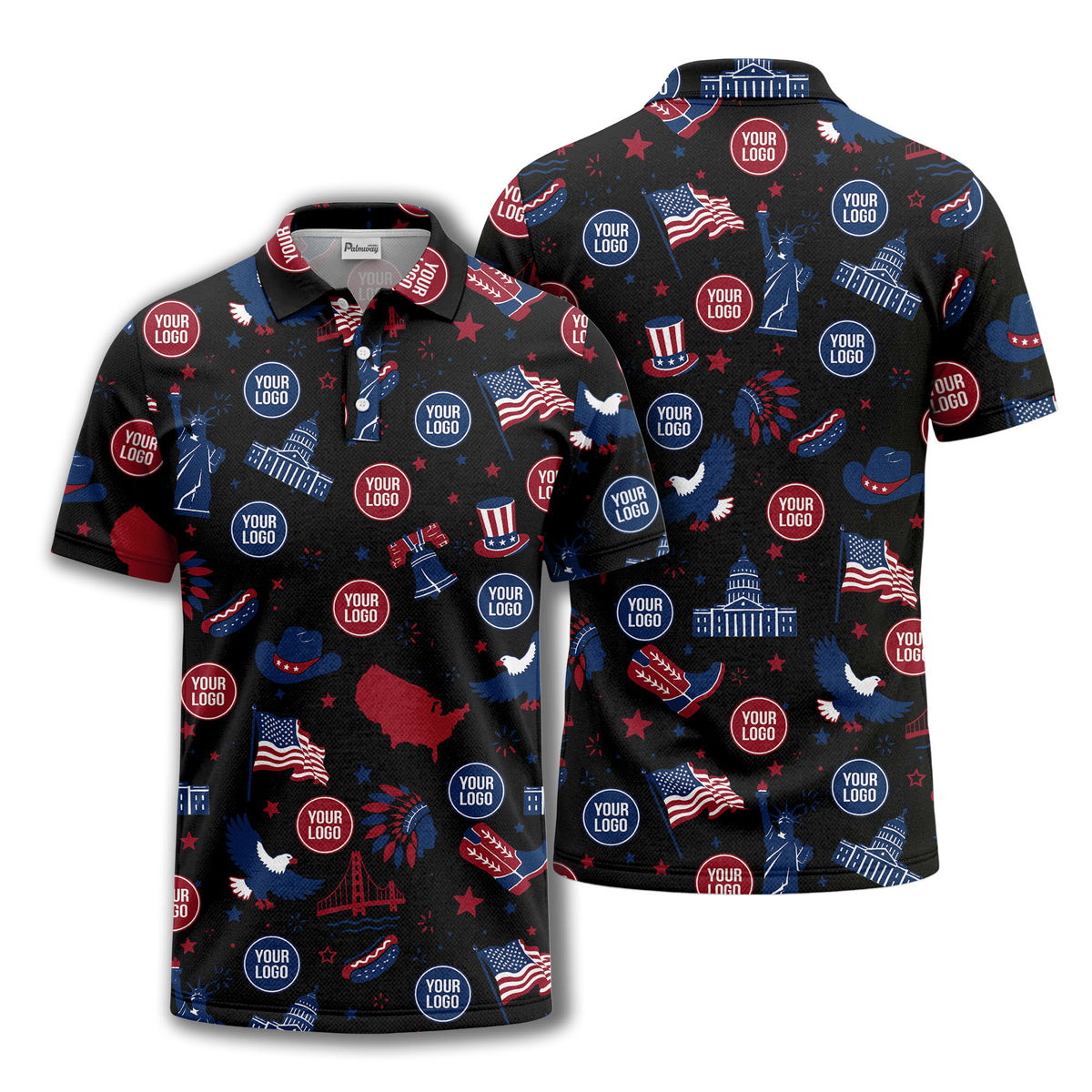 vintage cartoon bald eagles & statue of liberty icons patriotic polo shirt