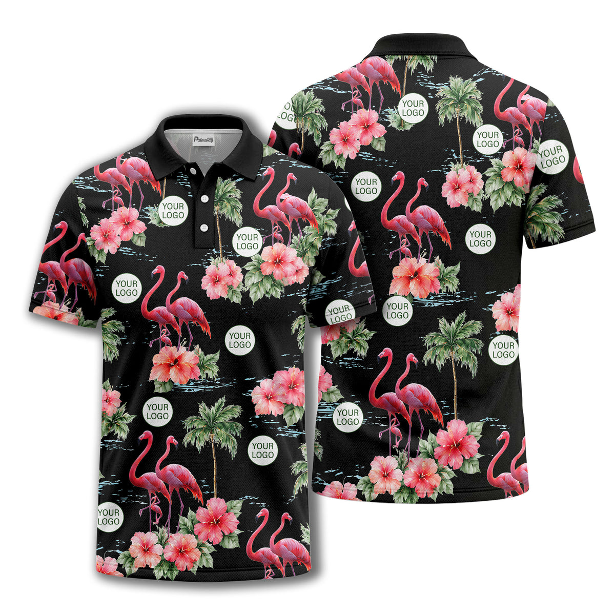 watercolor flamingos & hibiscus palm trees polo shirt for men