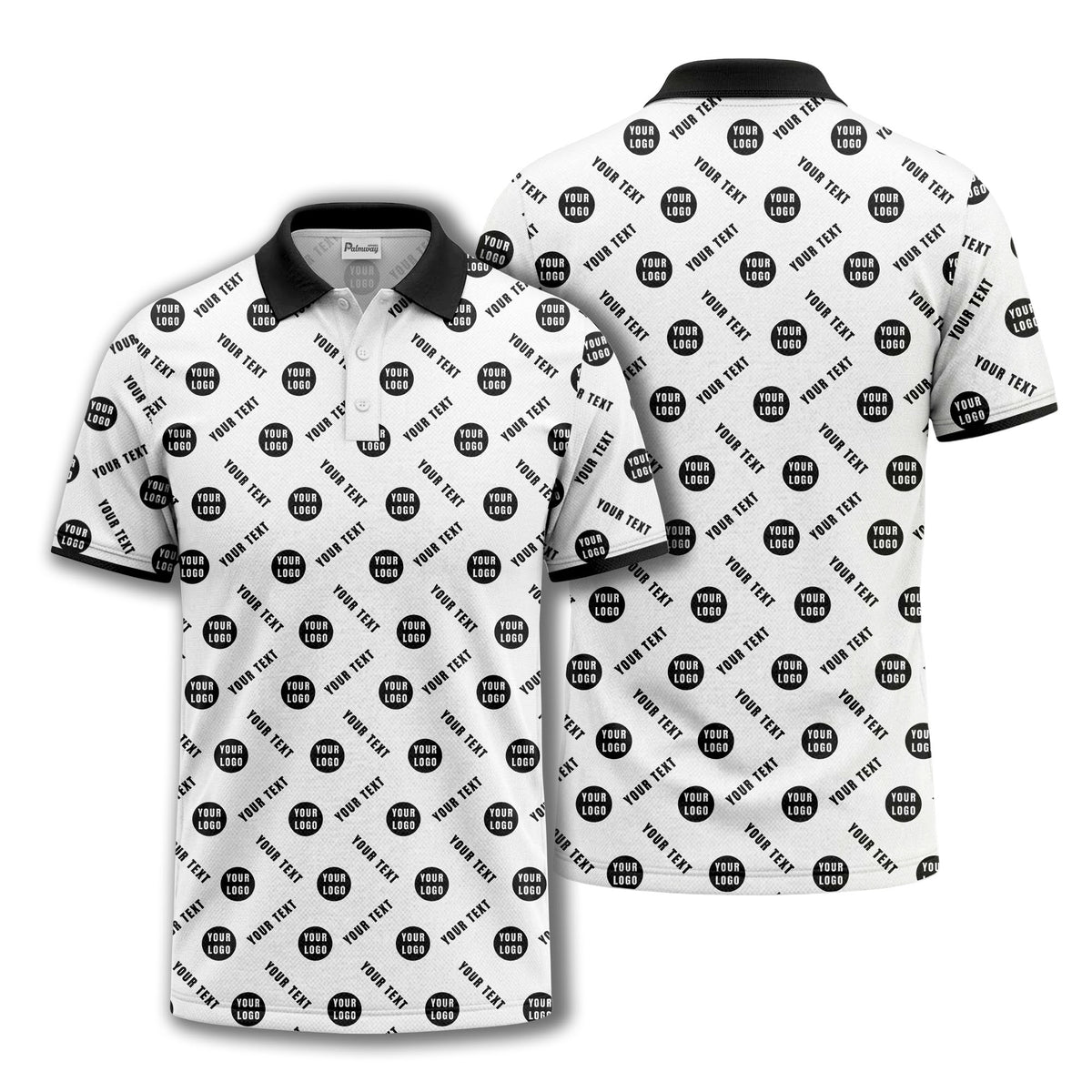 your name & logo repeat pattern all over print custom polo shirt